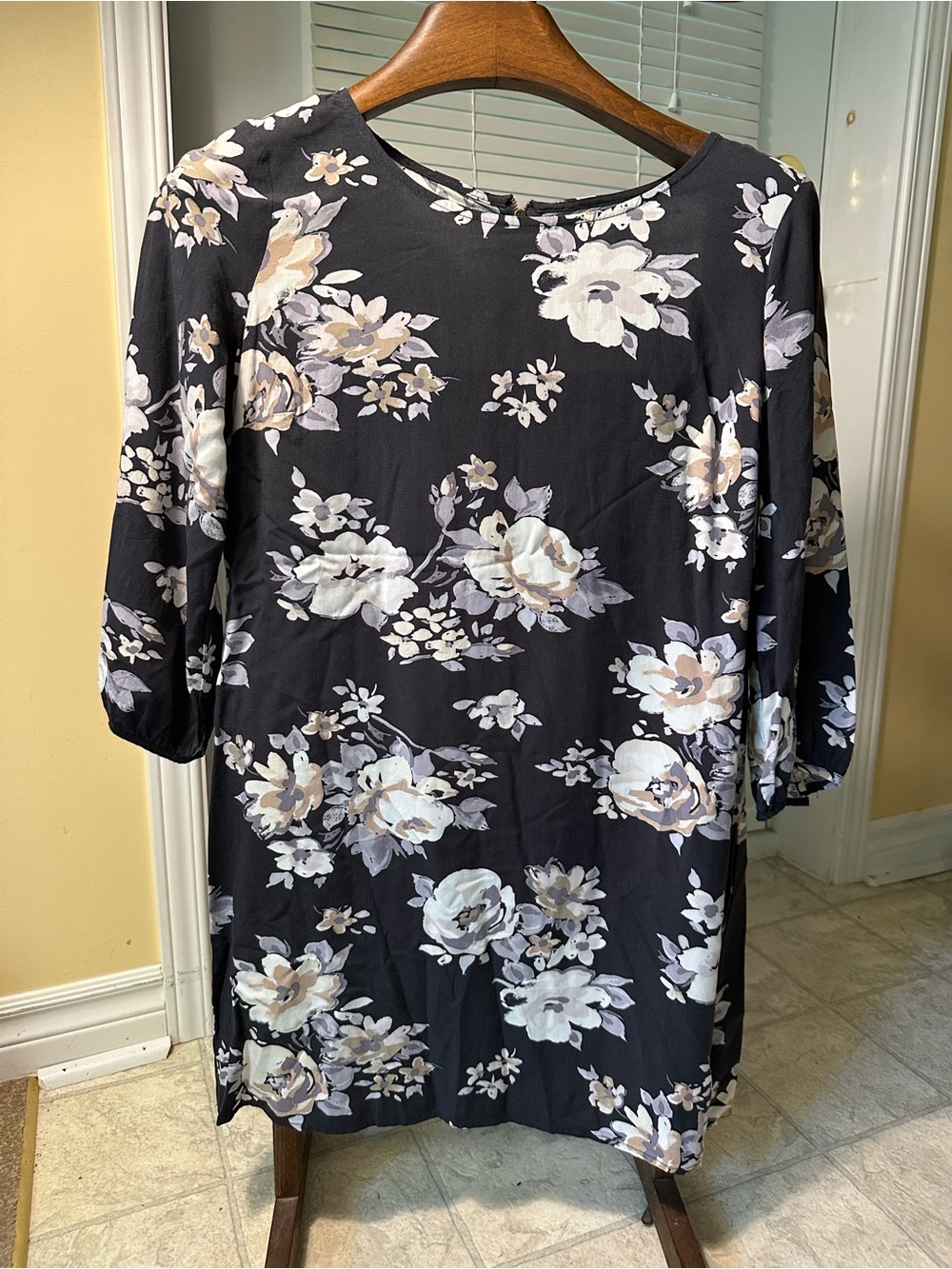 Old Navy Navy Blue Floral Midi Dress with Cream & Lavender Blooms